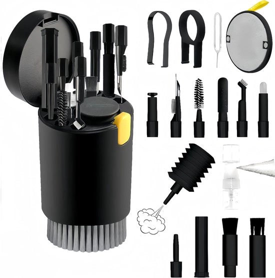 Kit di pulizia multifunzionale per schermo laptop, telefono e cuffie, 20 in 1, con spazzola elettronica e spray, adatto per AirPods Pro, iPad, iPhone Pro, macchina fotografica, computer, nero.