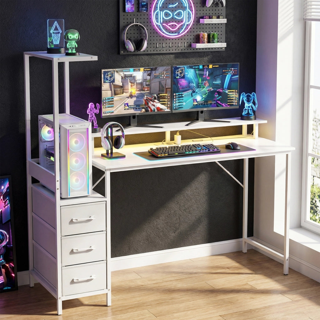 Scrivania Gaming con LED RGB - Xylo - Bianco 147cm Supporto Monitor 3 Cassetti USB Porta Computer