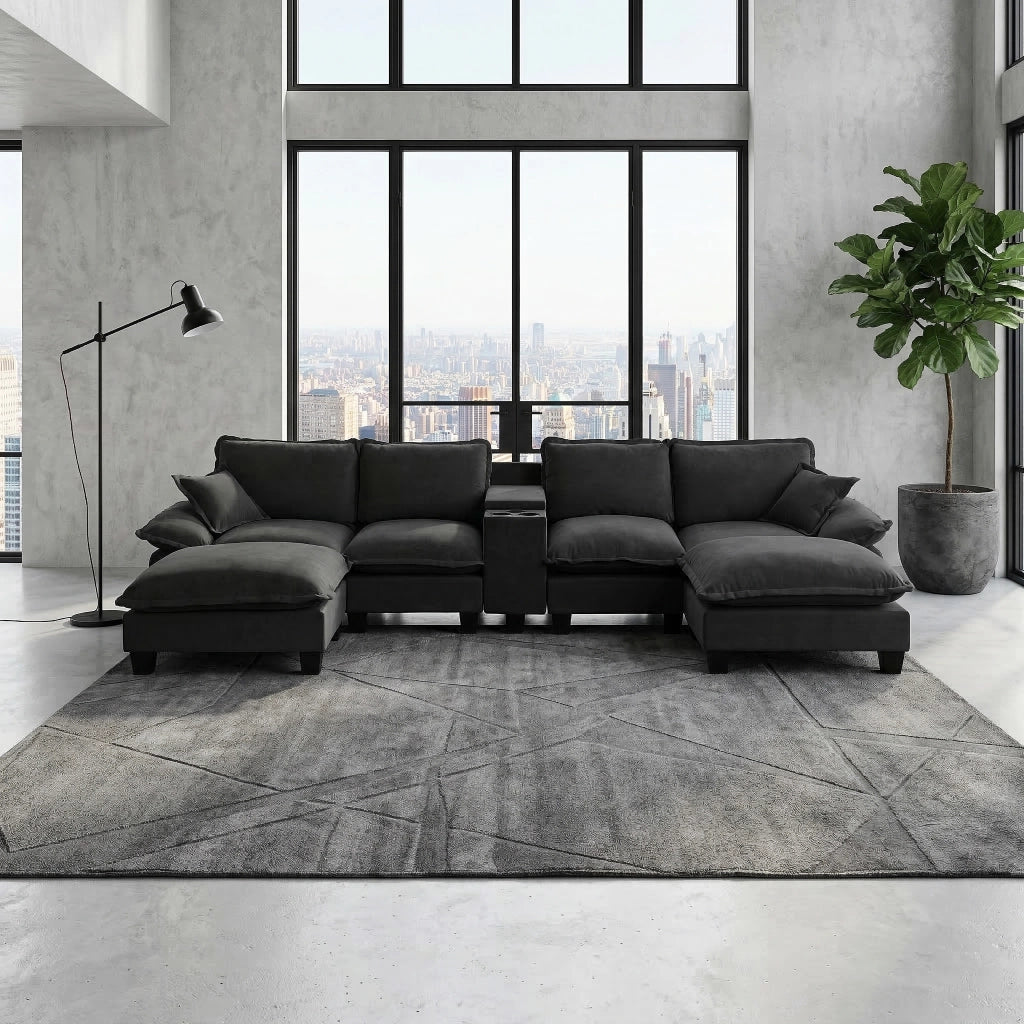 Divano Angolare Modulare U con Ottomane, Contenitore e USB ¨C Xylo ¨C Chenille Nero