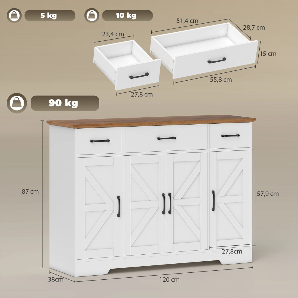 Credenza da Cucina Stile Rustico 120x38x87 cm con Ante Soft-Close 3 Cassetti 3 Ripiani Regolabili Portaspezie in MDF