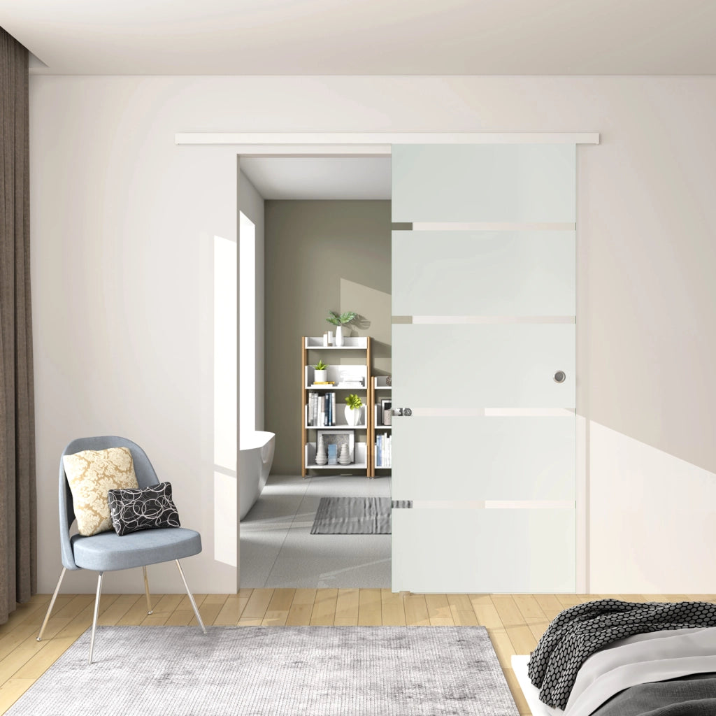 Porta Scorrevole Interna 82x215 cm in Vetro Temperato da 8 mm Opaco con Fasce Bianche Serigrafate Binario Alluminio Bianco