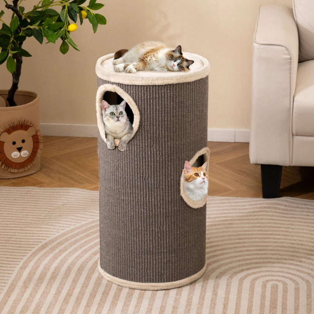 Condo per gatti a piani multi-livello con tappetino per graffi in sisal, Condo letto morbido per pisolini Grigio