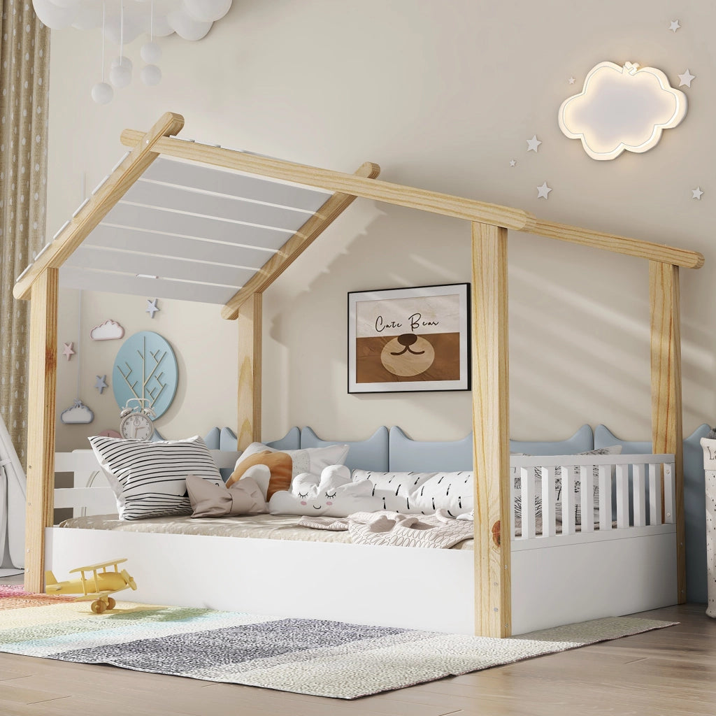 Letto per bambini a forma di casetta 90x200 cm, legno bianco e naturale, con reti a doghe stabili, struttura in pino, truciolare e MDF