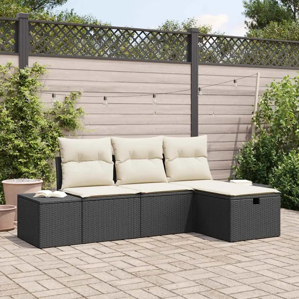 Set Divano da Giardino con cuscino 4 pcs Nero Poly Rattan