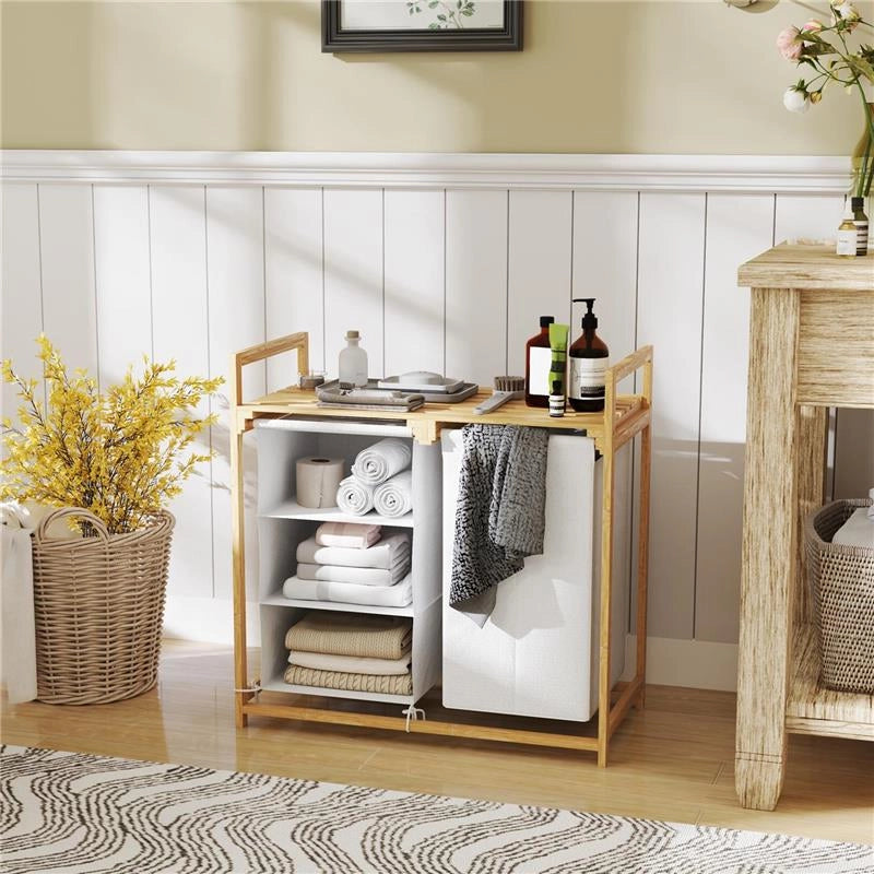 CESTO PORTABIANCHERIA CON 2 BORSE ESTRAIBILI MANIGLIE E RIPIANO IN BAMBÙ 70X36X70 CM BIANCO