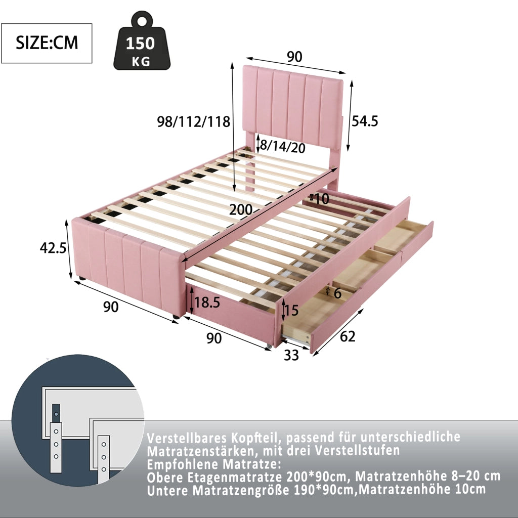 letto imbottito lino rosa 90 x 200 cm