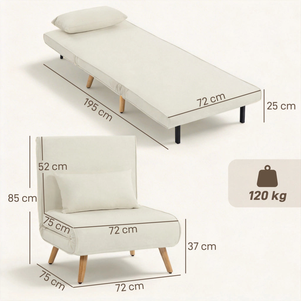 Poltrona letto convertibile 3 in 1 con cuscino ¨C Xylo ¨C tessuto crema schienale 5 posizioni