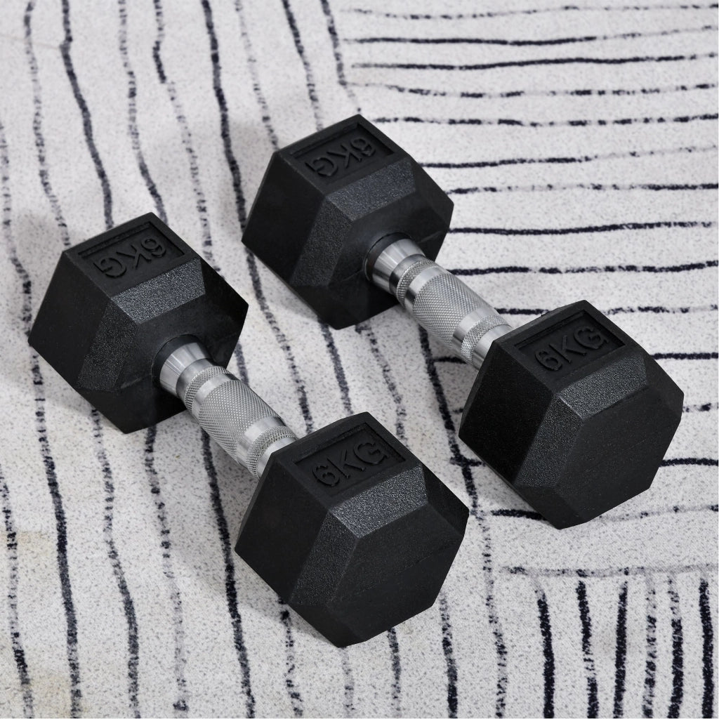 Manubri esagonali, set da 2, 2 x 6 kg, in ghisa con rivestimento in gomma, neri