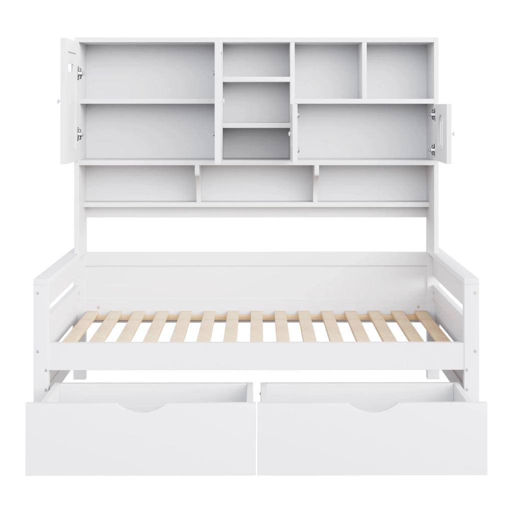 Letto multifunzione 90 x 200 cm in legno con ampio spazio contenitivo, 2 cassetti grandi, struttura bianca, senza materasso