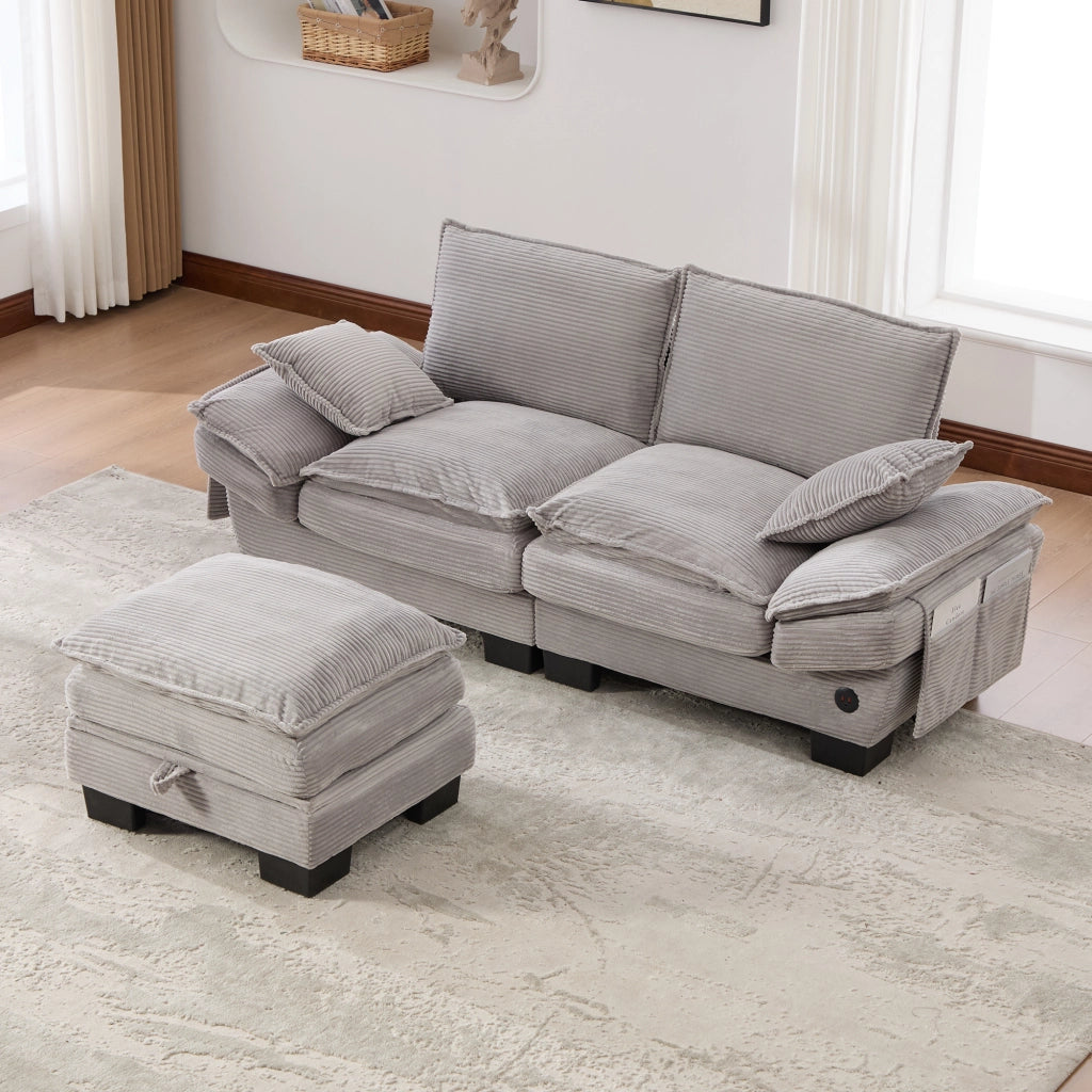 Divano 2 posti in corduroy con pouf, USB-C, tasche laterali, grigio chiaro