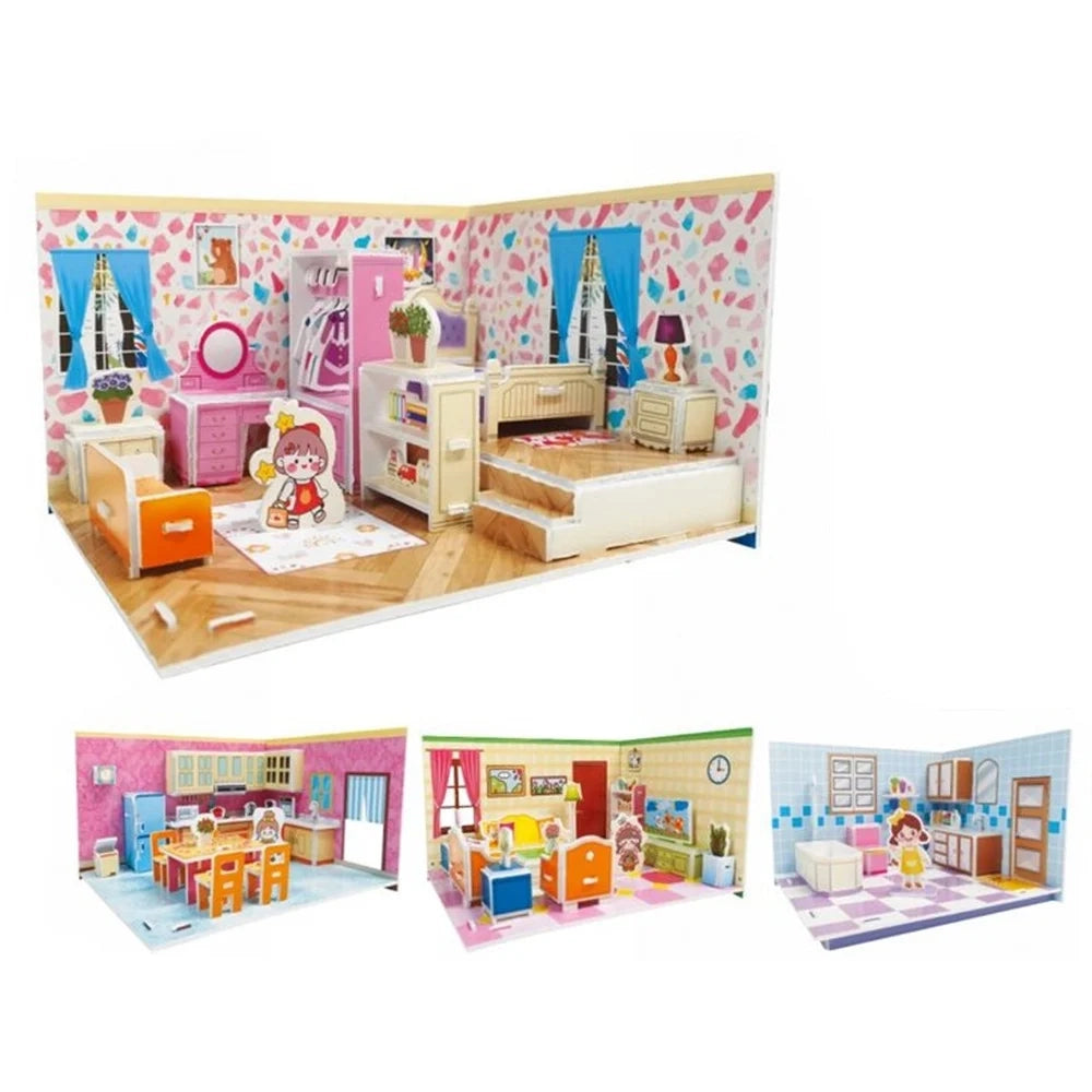 Trade Shop - Kit 12pz Puzzle 3d Forma Stanze Casa In Miniatura Per Bambini Costruzione Fai Da Te 32397 -