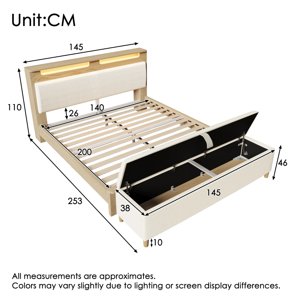 Letto matrimoniale 140×200 cm con LED; testiera con ripiano e panca contenitore; materasso incluso; legno; beige