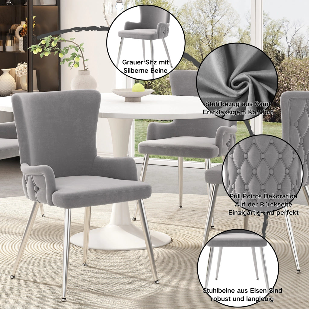 Sedia da pranzo 2 pezzi in velluto con gambe metalliche stabili, design moderno grigio e argento
