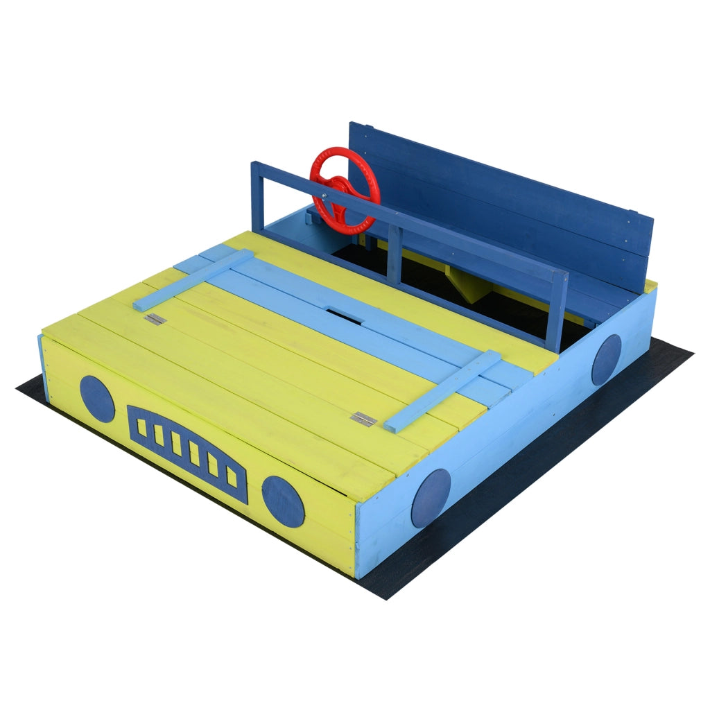 Sabbiera per bambini in legno di abete senza fondo, Sandbox per bambini a forma di macchina con volante rotante