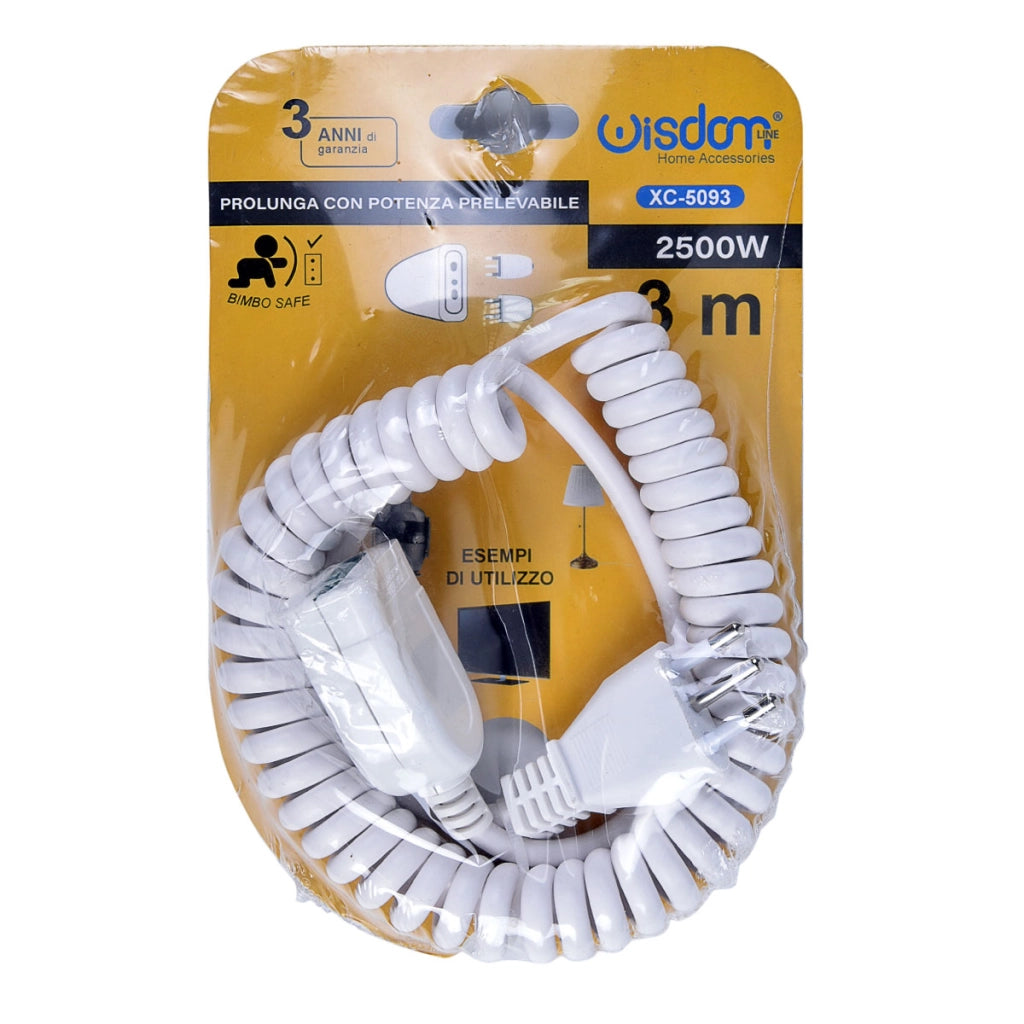 PROLUNGA ELETTRICA ESTENDIBILE BIANCA 3 METRI CON SPINA BIPASSO 10A 2P+T - DESIGN COMPATTO E FLESSIBILE IDEALE PER USO IN CASA UFFICIO O POSTAZIONI DI LAVORO