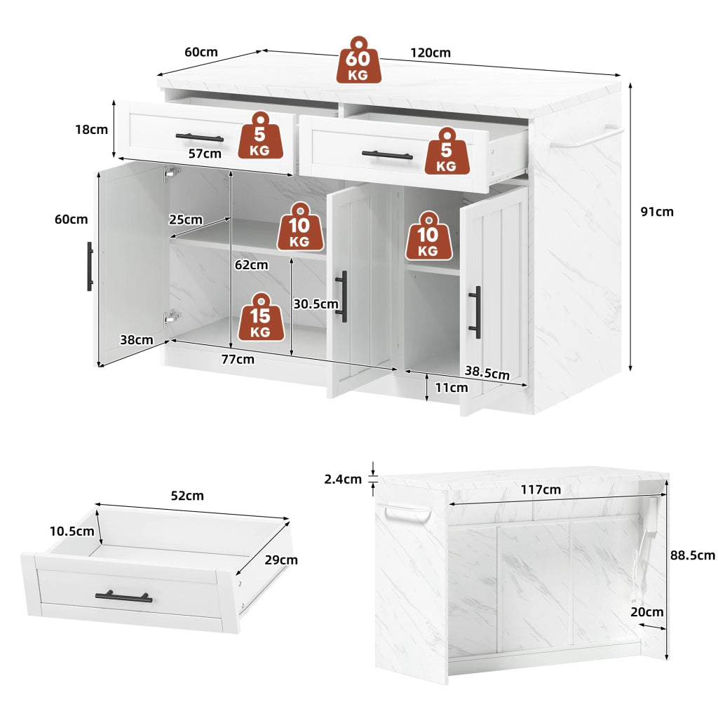 Isola da cucina 120x60x91 cm con piano bar, prese USB, cassetti e ante, bianco