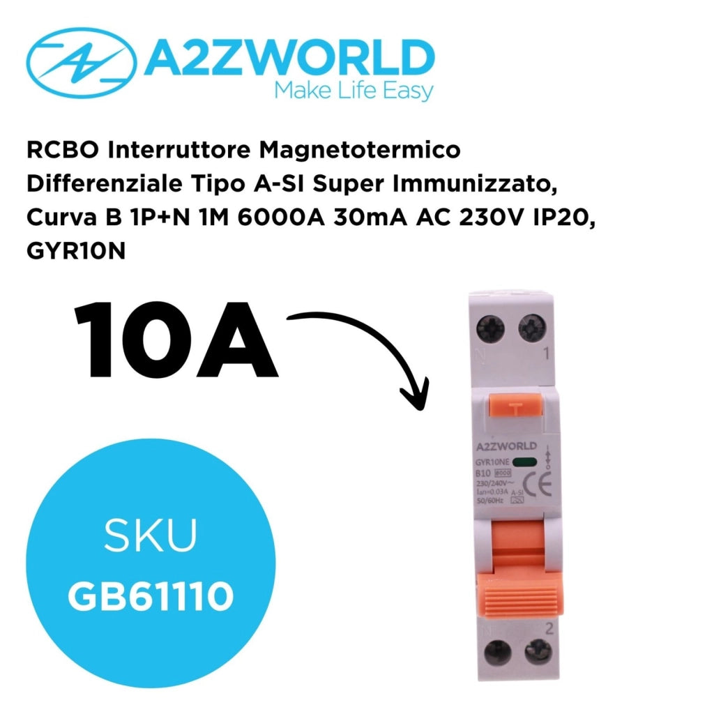 RCBO Interruttore Magnetotermico Differenziale Tipo A-SI Super Immunizzato, Curva B 1P+N 1M 6000A 30mA AC 230V IP20, GYR10N, Disponibili 6A 10A 16A 20A 25A 32A 40A (B10A)