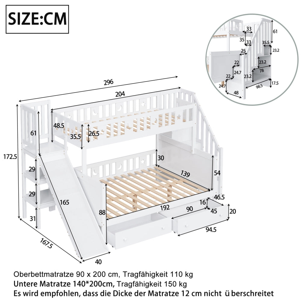 Letto a castello per bambini con scivolo e scala di sicurezza; 90x200/140x200 cm; bianco in legno