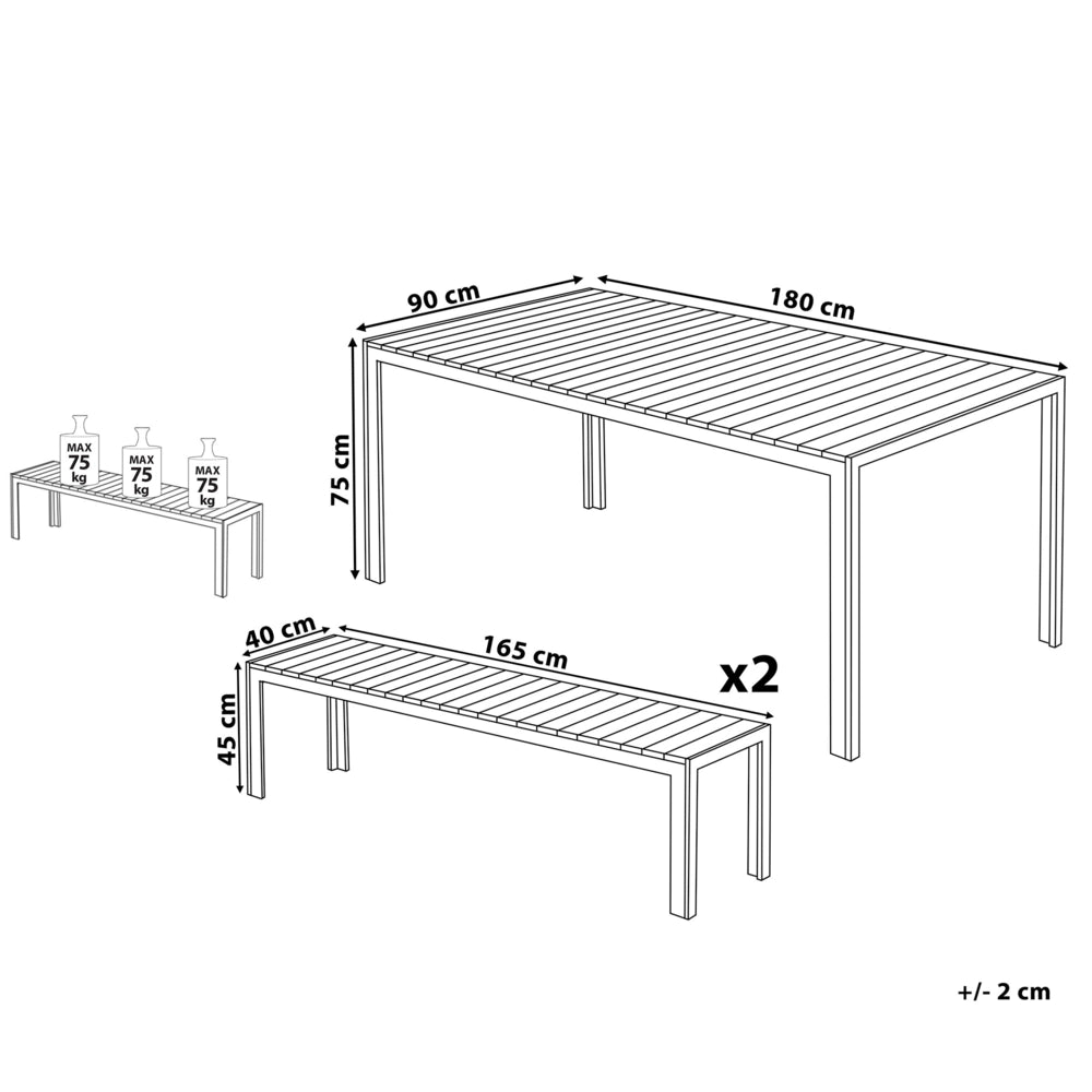 Set da Pranzo da Giardino Tavolo Rettangolare 2 Panche Telaio Alluminio anodizzato Legno Chiaro e Nero esterno terrazzo