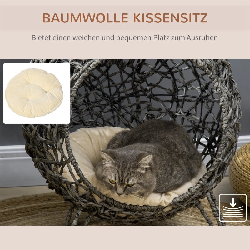 Casetta per gatti in rattan con cuscino, cuccia, grotta per gatti con piedini rialzati, grigio argento, ?52 x 58 cm