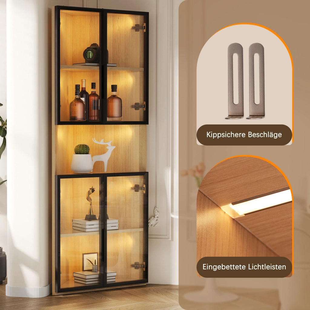 Vetrina, mobile angolare, ante in vetro, illuminazione a LED, 62x32x160 cm, colore legno naturale