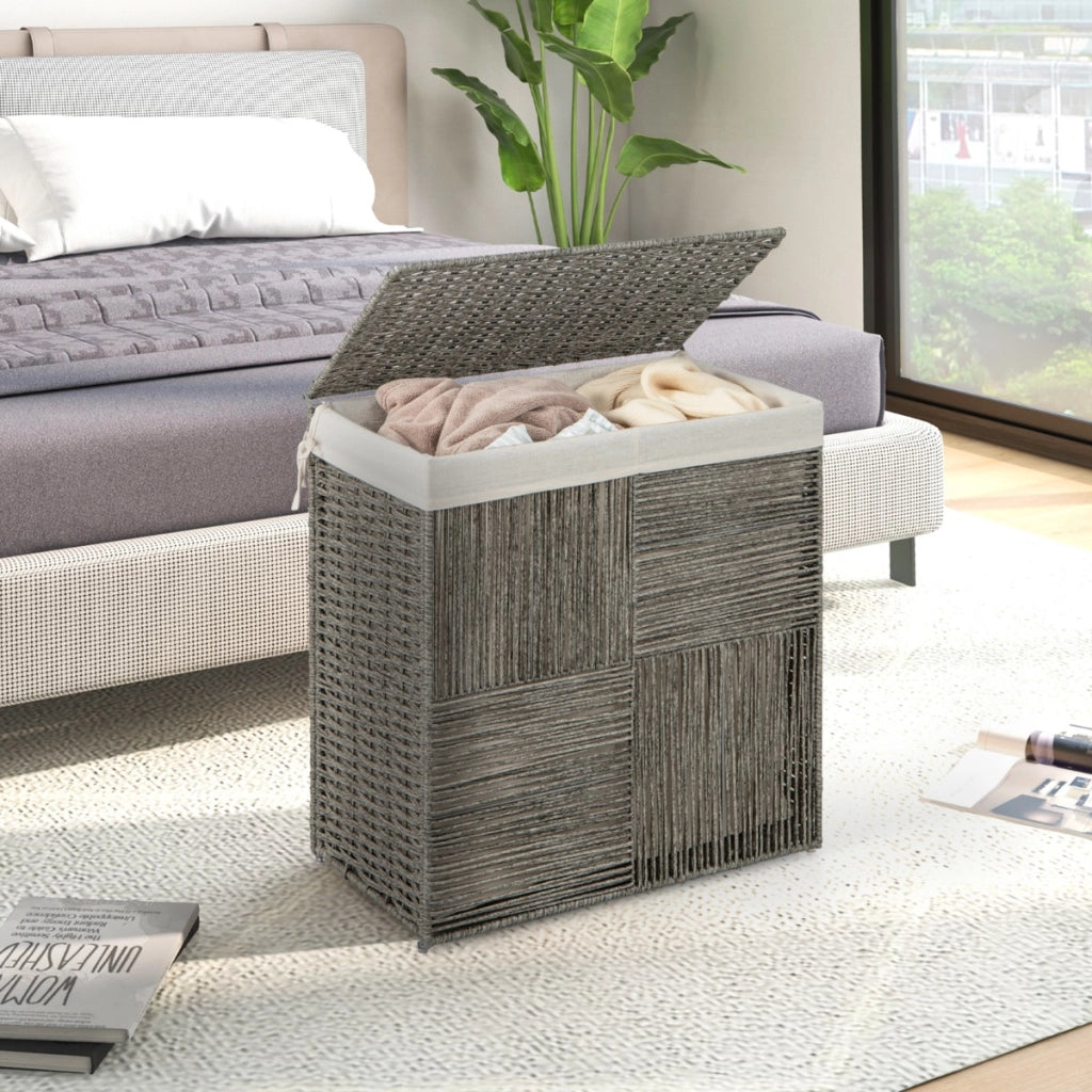 Cesto per il bucato da 110L con coperchio-Cesto per il bucato intrecciato a mano in rattan con comode maniglie Grigio