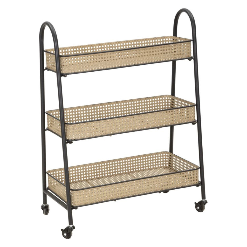 Carrello Fuji a 3 cesti in rattan e ferro nero su ruote — 60x30x80 cm