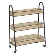 Carrello Fuji a 3 cesti in rattan e ferro nero su ruote — 60x30x80 cm