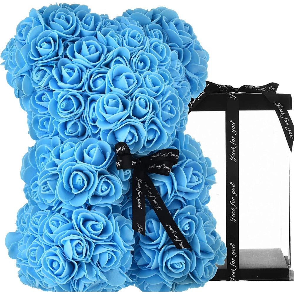 Trade Shop - Orsacchiotto Orsetto Orso Di Rose Con Fiori Artificiali Da 25cm San Valentino - Celeste