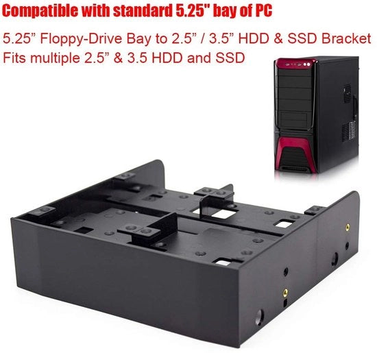Montaggio Beugel per HDD/SSD da 2,5/3,5 pollici - Compatibile con Bay 5,25 pollici - Realizzato con Materiale Duraturo - Progettato per Multifunzionalità - Incluso Kit di Viti di Montaggio - Bay per Dischi Rigidi