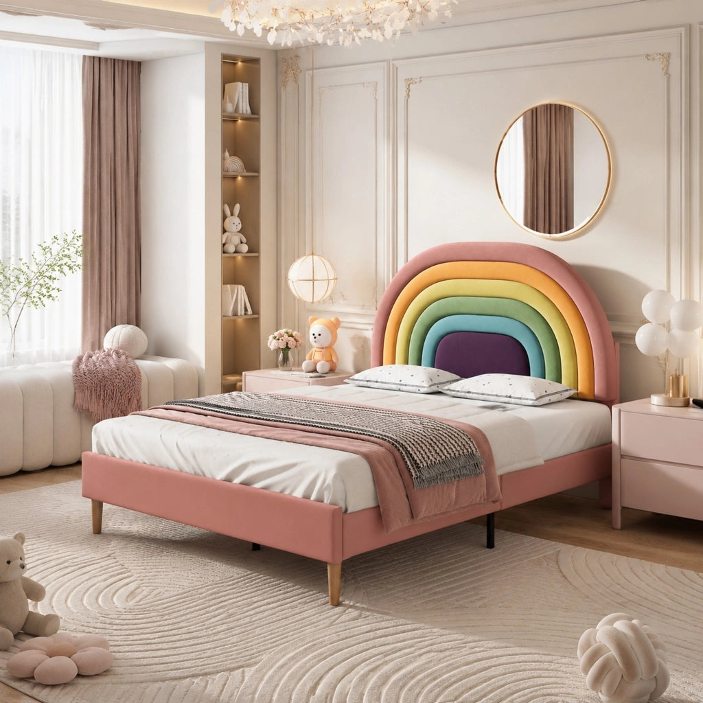 DESMIU Letto matrimoniale 140 × 200 cm 2 posti con testiera regolabile, senza materasso, in velluto, rosa