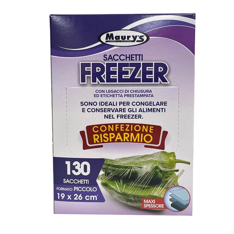 MAURY'S SACCHETTI FREEZER CON LEGACCI DI CHIUSURA ED ETICHETTA PRESTAMPATA 130 SACCHETTI MAXI SPESSORE 19X26 CM