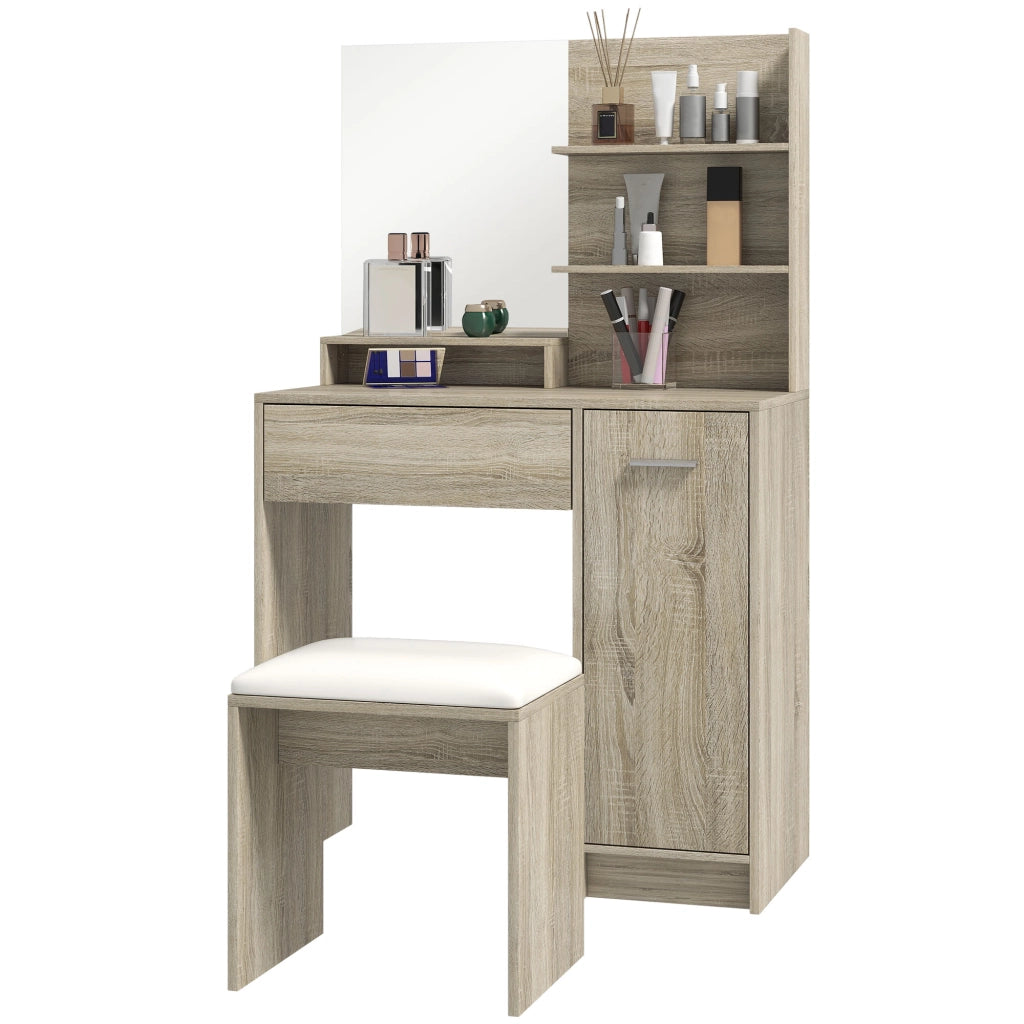 Toeletta con Sgabello Specchio Cassetto Ripiani Aperti Regolabile Anti-ribaltamento ¨C Xylo ¨C Beige Naturale
