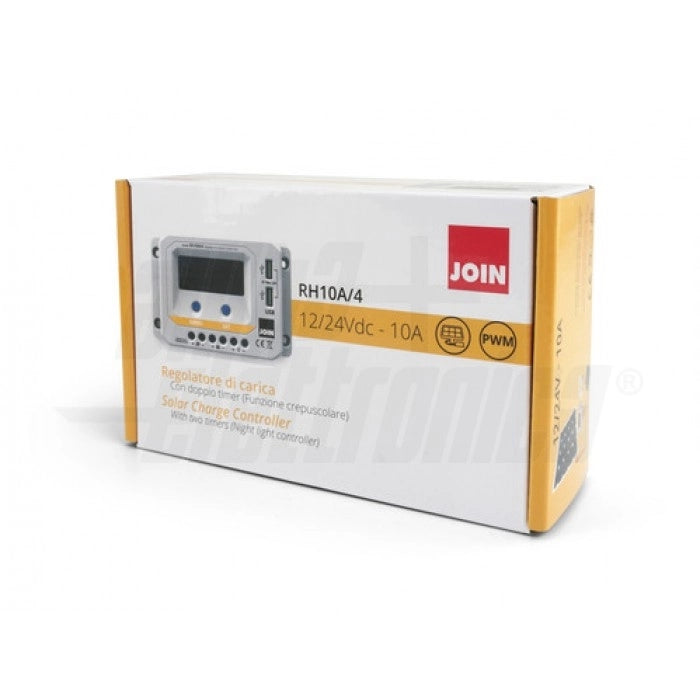 Regolatore di carica PWM 12/24V 10A con display, uscita USB 5V e crepuscolare configurabile
