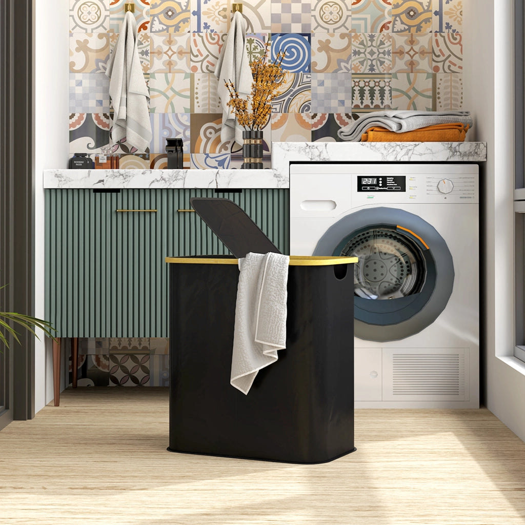 Cestello per biancheria pieghevole doppio con coperchio ¨C zephmum ¨C nero 80L