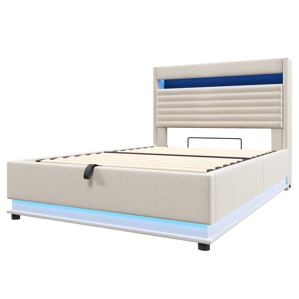 Letto imbottito 140x200 cm beige con LED, USB-C e contenitore