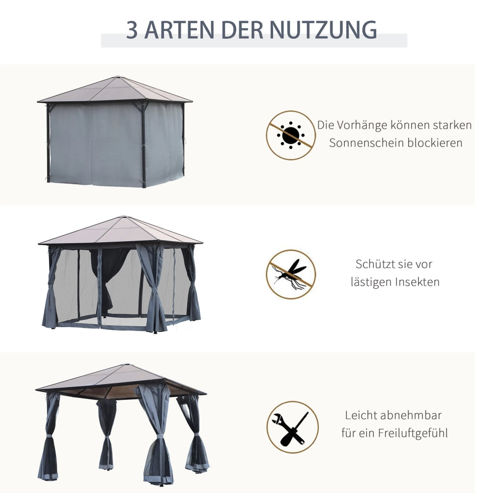 Gazebo con tetto in policarbonato e tende con zanzariera ¨C Zephmum ¨C Grigio scuro 300x300 cm