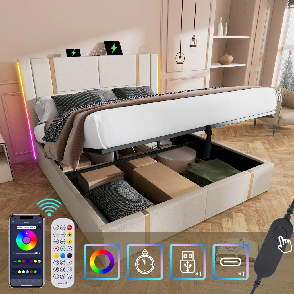 LETTO matrimoniale imbottito 140x200 cm Beige in lino con LED e USB Type-C