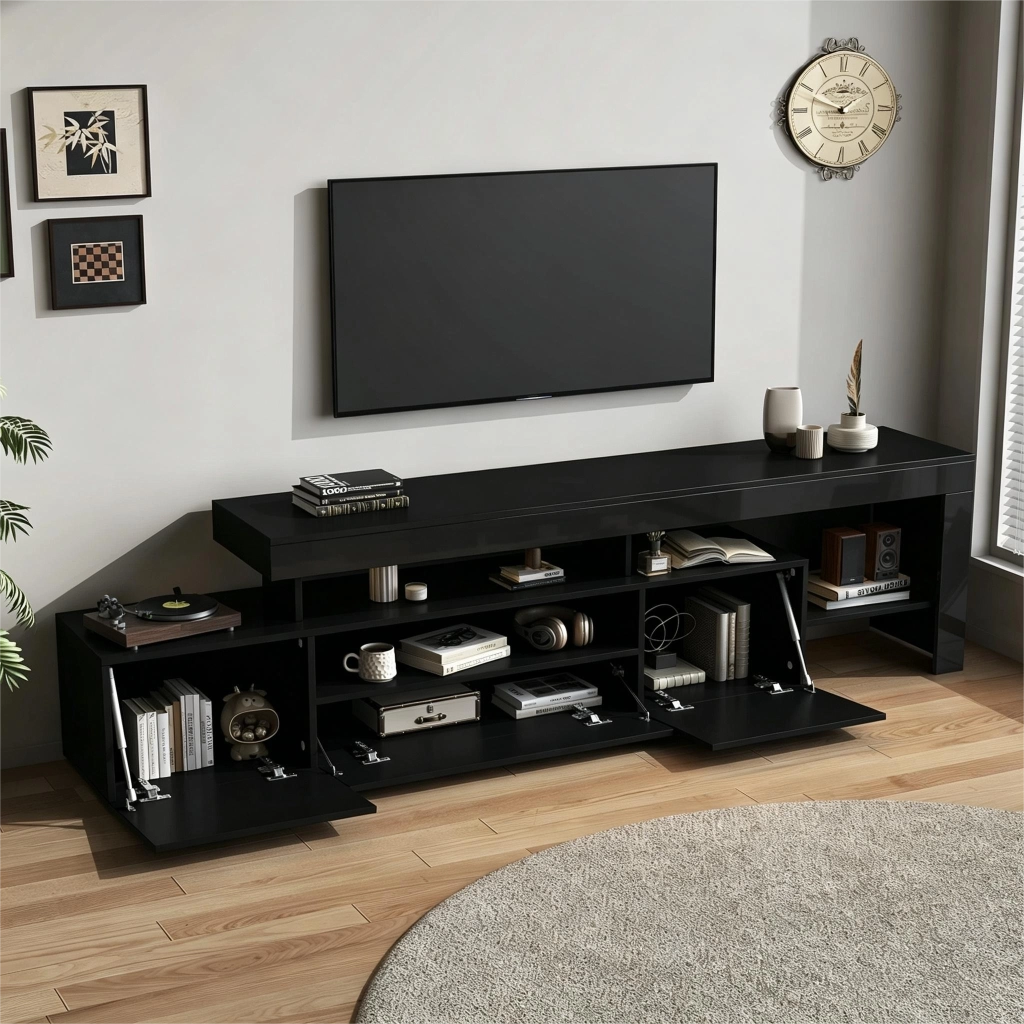 Mobile TV con 3 ante; LED e vani aperti - per soggiorno - 192×37×53 cm - nero