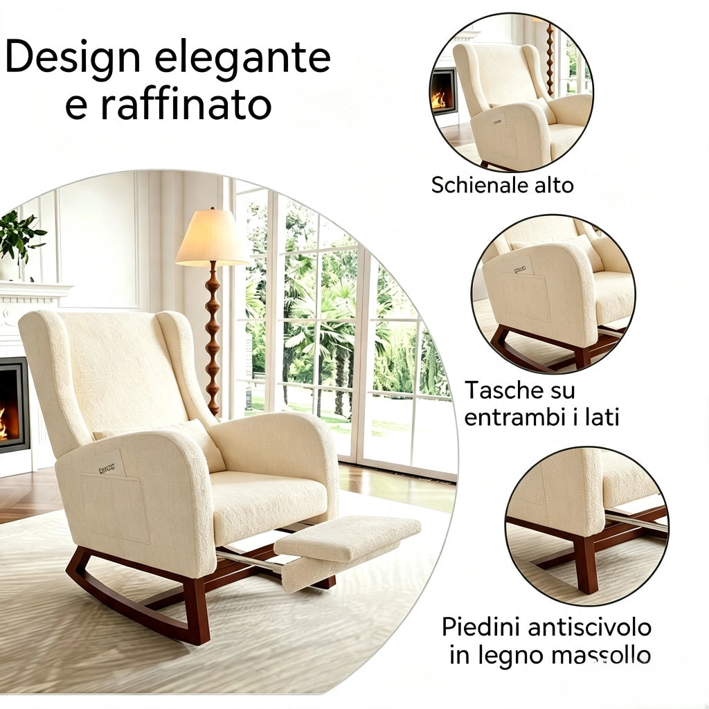 Poltrona relax a dondolo 73x62x48 cm con poggiapiedi;sedia a dondolo da interno per allattamento;struttura in legno e velluto opaco beige