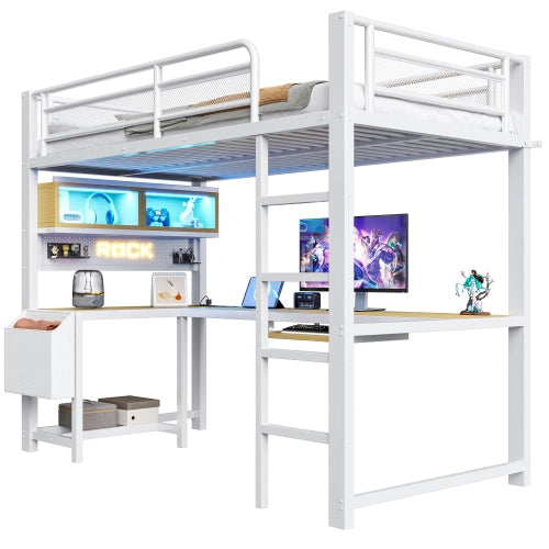 Letto a soppalco con scrivania 90x200 cm LEMONMAX, LED 7 colori, 2 prese e 2 USB, mensole, struttura in metallo, bianco