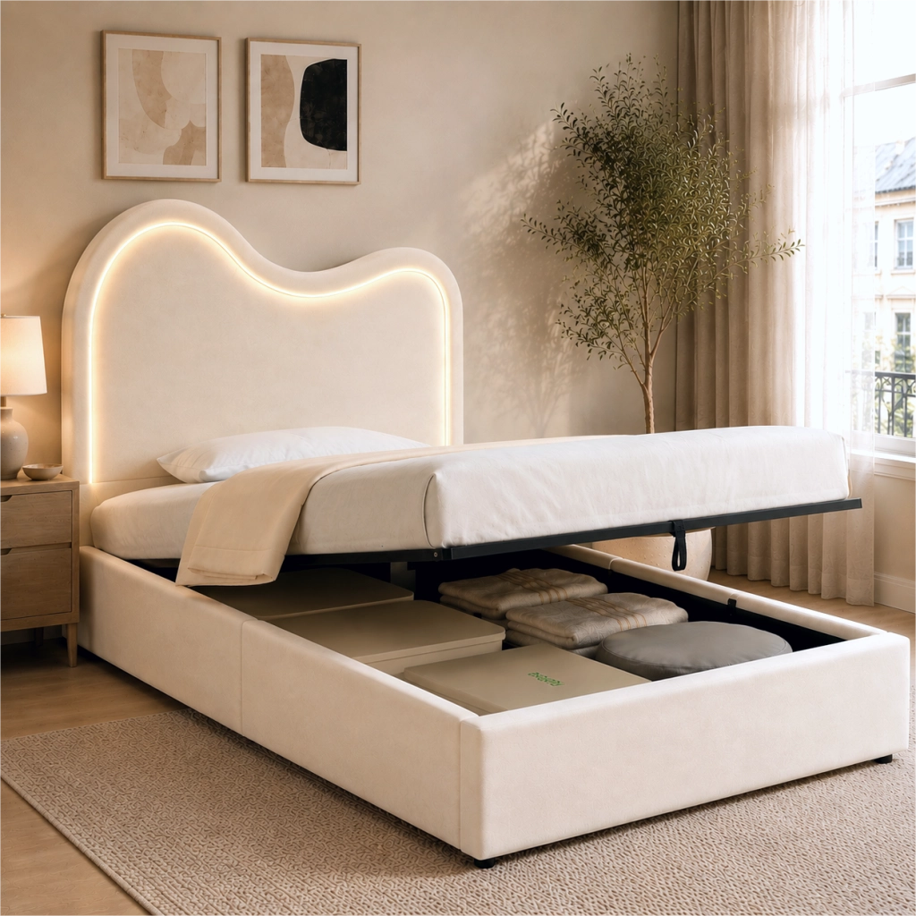 letto imbottito velluto beige 90 x 200 cm