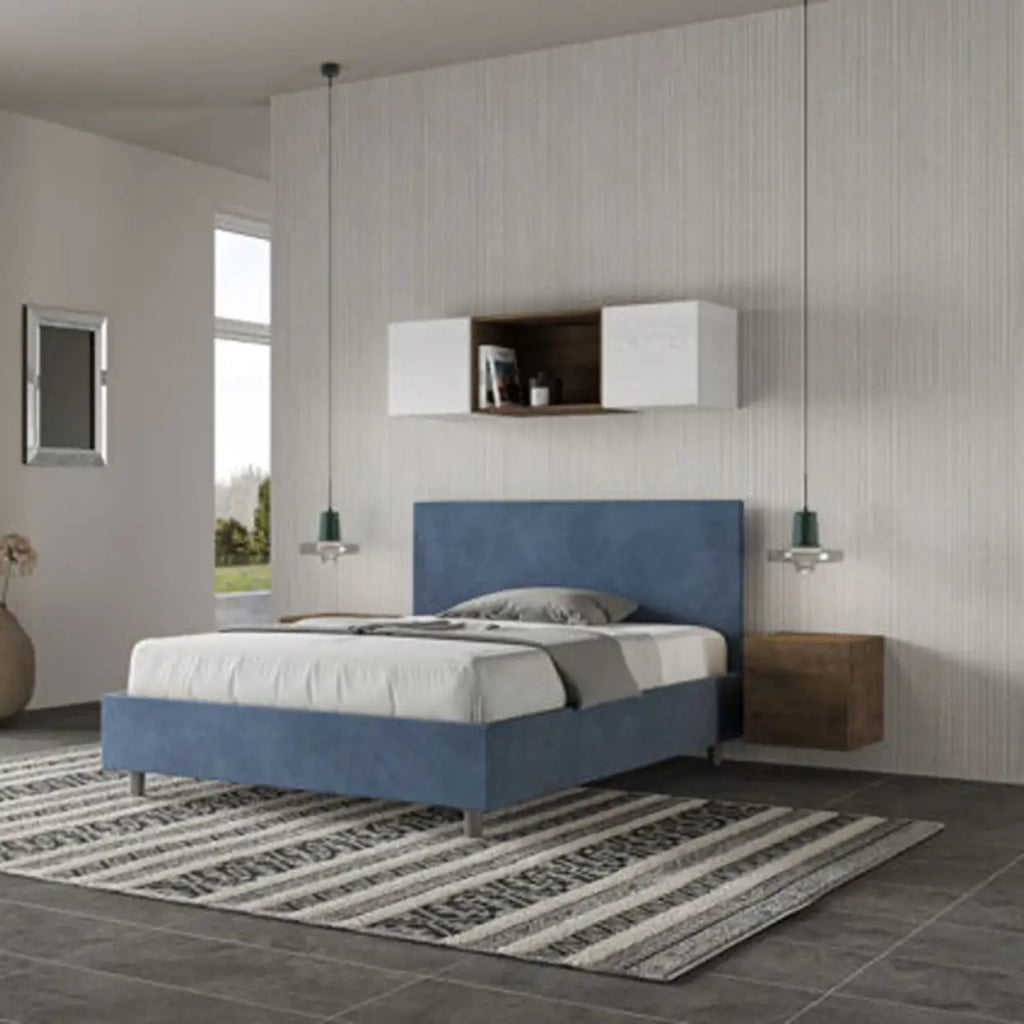 Letto matrimoniale francese contenitore imbottito 140x210 microfibra blu Adele