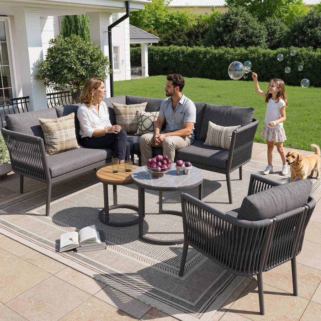 OKWISH Set da 6 Pezzi da Giardino con 2 Divani, 1 Poltrona, 1 Divano Angolare e 2 Tavoli, Metallo Olefin Grigio