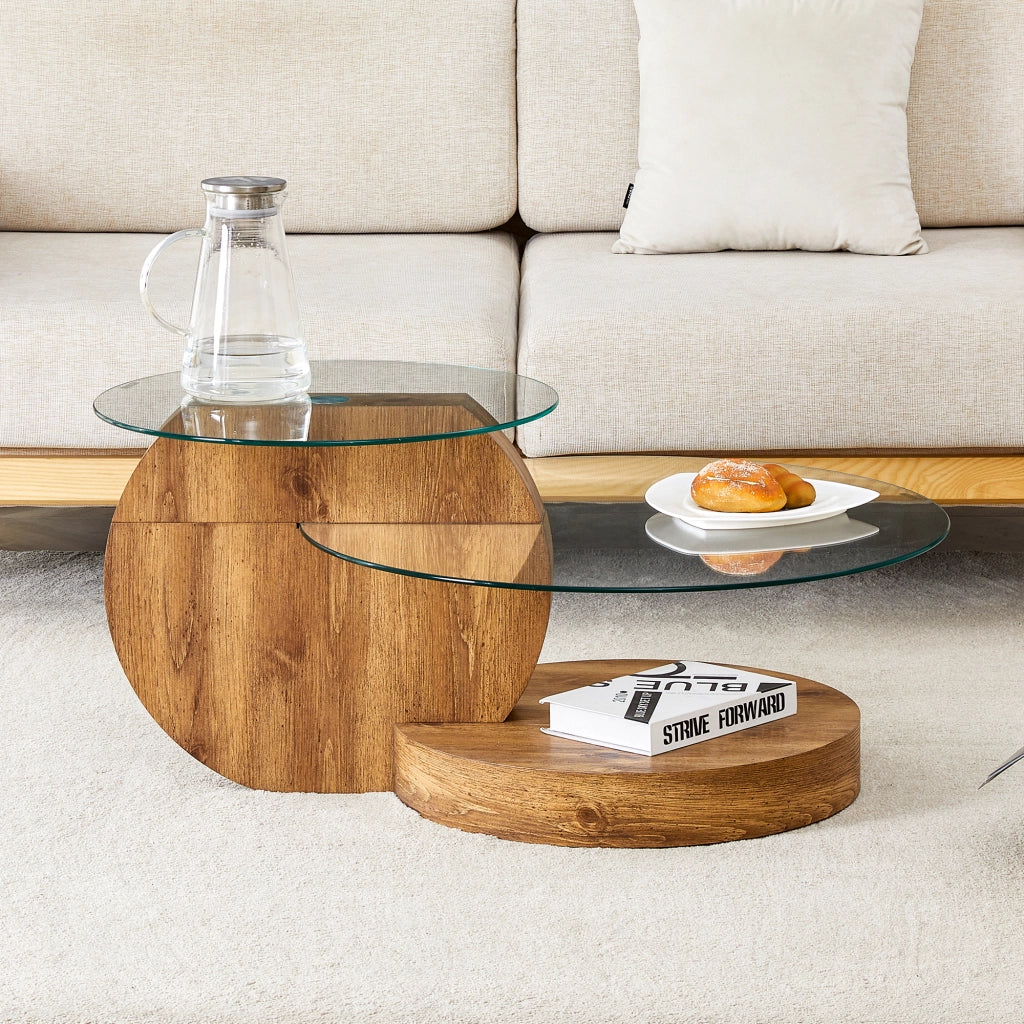 Tavolino da caffè moderno in vetro temperato e MDF con design multilivello
