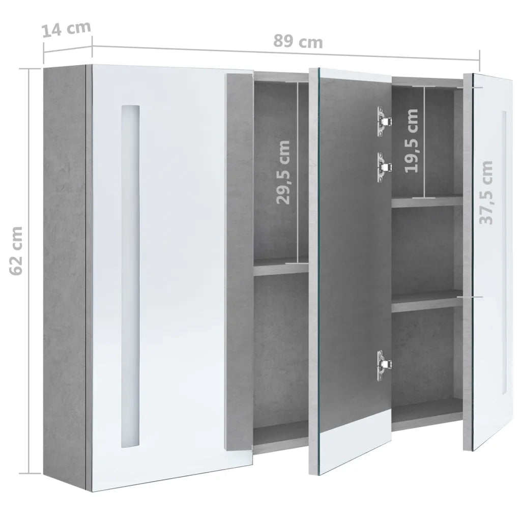 Armadietto Bagno con Specchio e LED Grigio Cemento 89x14x62 cm 326525