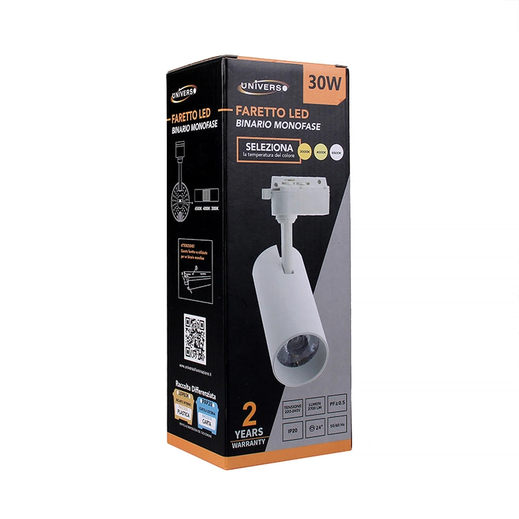 FARETTO LED ORIENTABILE SU BINARIO MONOFASE IN ALLUMINIO BIANCO 30W - TRIPLA TEMPERATURA DI COLORE 3000K-4000K-65000K