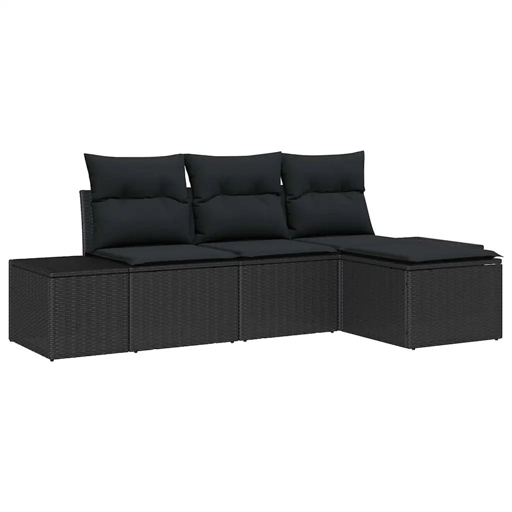 Set Divano da Giardino con cuscino 4 pz | Set Salotto da Giardino Nero polyrattan