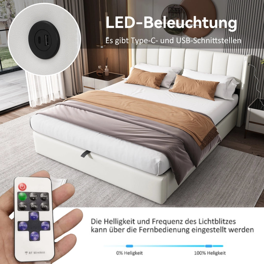 DESMIU Letto contenitore 160 × 200 cm 2 posti con USB, LED, testiera regolabile, senza materasso, in PU bianco