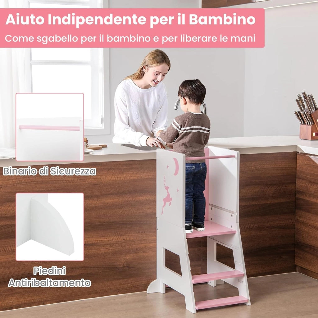 Torre per Bambini 2 in 1, Sgabello da Cucina per Bambini con Lavagna, Piattaforma e Gradino Regolabili, per Bambini da 1 a 7 Anni, Capacità di Carico 70 kg (Rosa)